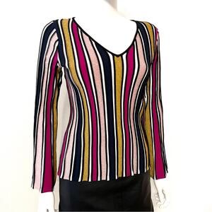 MILLY Striped Pink Gold Shimmer Shine Holiday Fitted Bell Sleeve Top Small